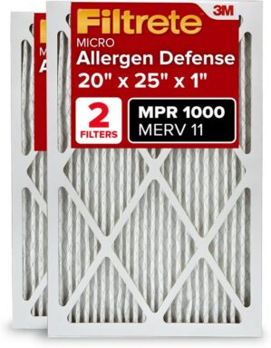 Filtrete 20x25x1 AC Furnace Air Filter, MERV 11, MPR 1000, Micro Allergen Defense, 3-Month Pleated 1-Inch Electrostatic Air Cleaning Filter, 2 Pack (Actual Size 19.688 x 24.688 x 0.84 in)